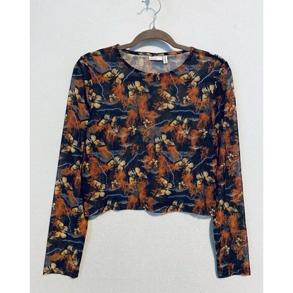 Asos Designs Top Womens 10 Flame Butterfly Print Mesh Cropped Long Sleeve Boho - Picture 2 of 7